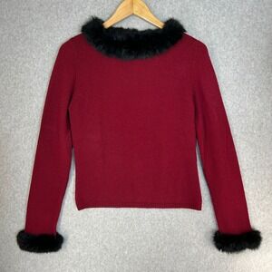 Harolds‎ Red Merino Wool Knit Sweater Black Fur Trim Collar Cuffs Size Medium